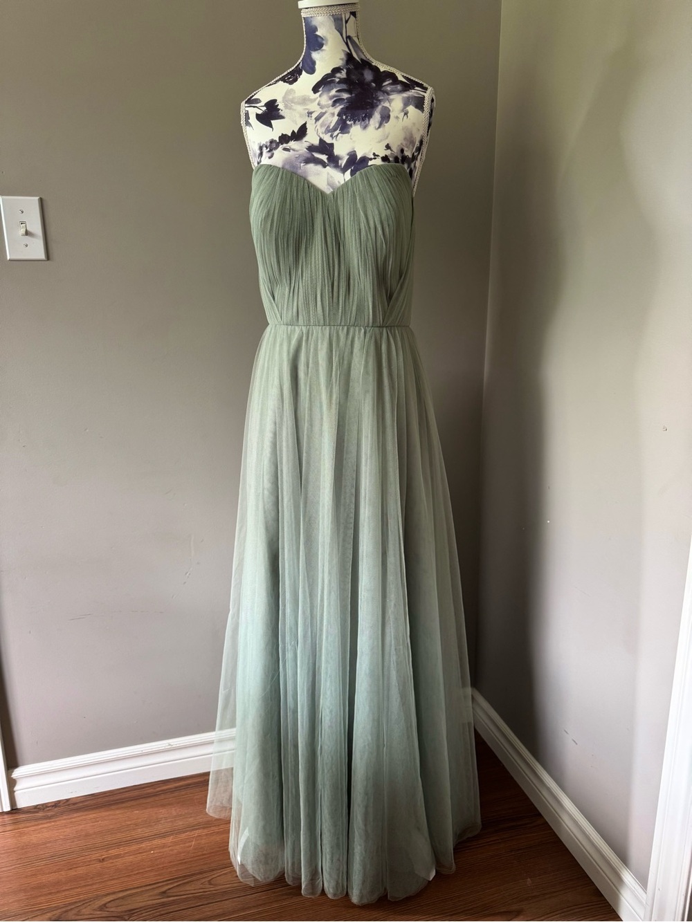 Revelry Strapless Sage Green Tulle Bridesmaid Dress